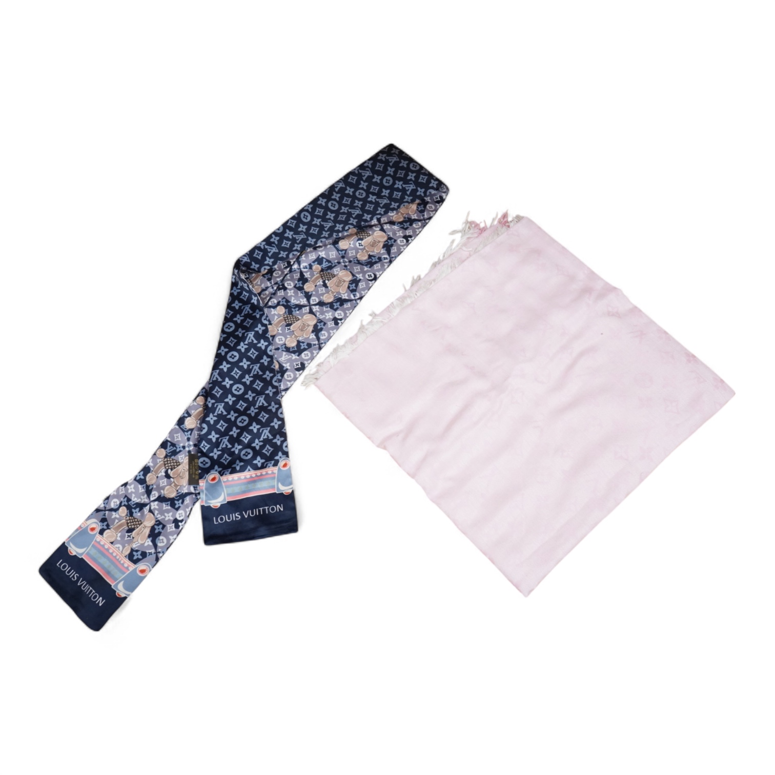 A Louis Vuitton silk Monogram Poodle Animalle Bandeau scarf and a pale pink Louis Vuitton fringed scarf